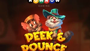 Tampilan visual slot Peek & Pounce dengan karakter kucing dan tikus dalam latar dapur kartun yang ceria.