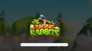 Tampilan visual slot Raging Rabbits dengan karakter kelinci militer dan medan perang kartun.