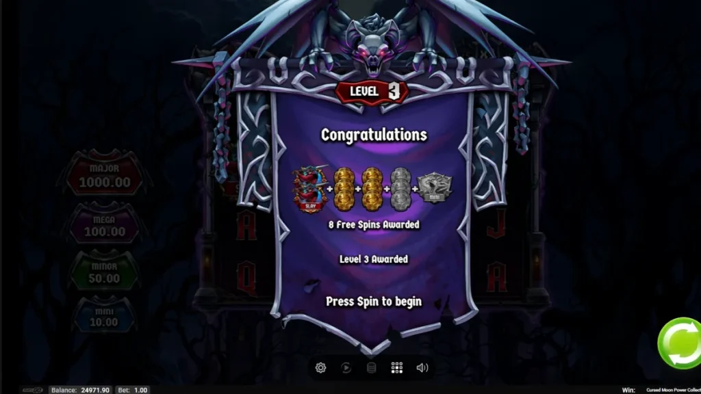 Tampilan visual slot Cursed Moon Power Collection dengan tema horor gotik dan pemburu monster.