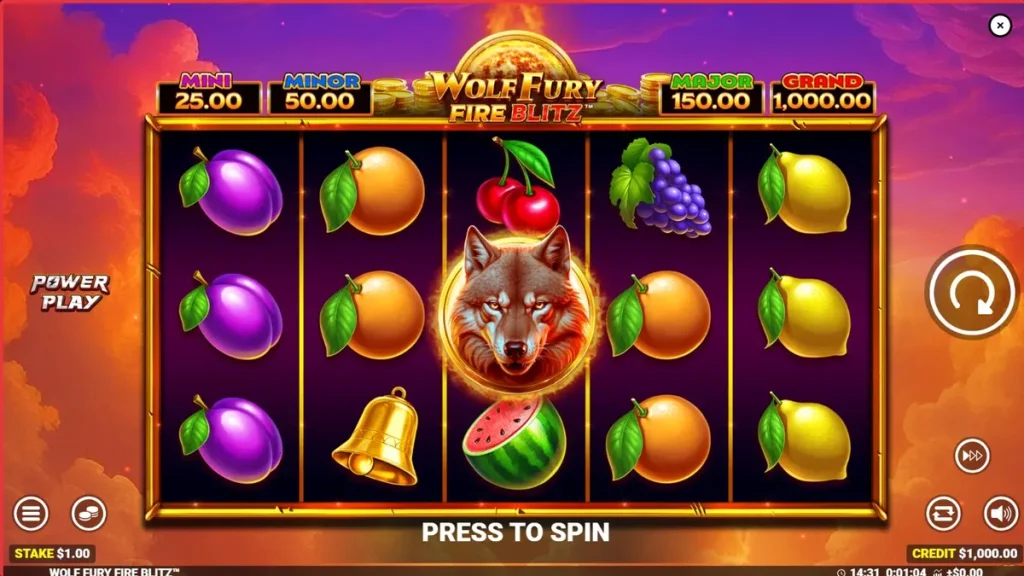 Tampilan visual slot Wolf Fury Fire Blitz dengan simbol buah dan serigala