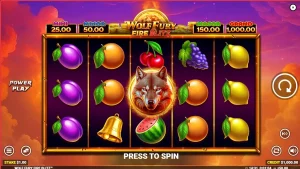 Tampilan visual slot Wolf Fury Fire Blitz dengan simbol buah dan serigala